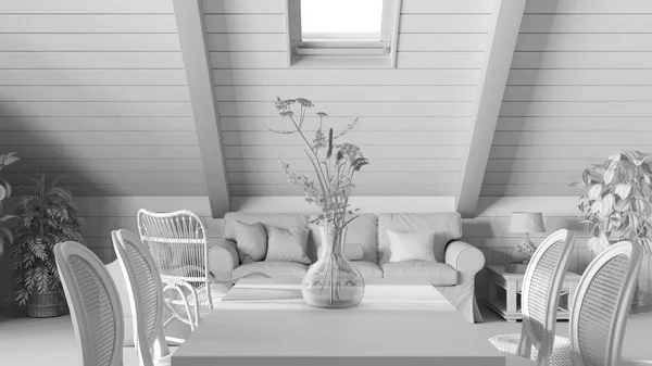 Total white project draft, bohemian dining table close up, living room in boho style with sofa in wooden mezzanine with gabled ceiling. Potted plants. Country interior design