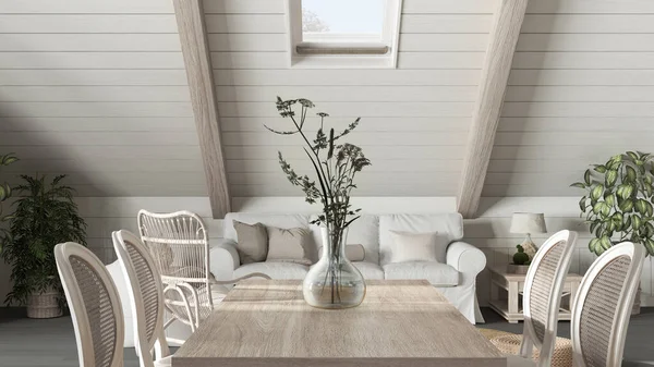 Bohemian dining table close up, living room in boho style with sofa in bleached wooden mezzanine with gabled ceiling. Potted plants and decors. Country interior design