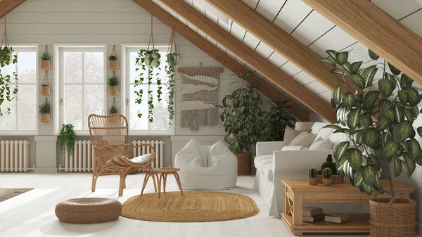 Farmhouse Mezzanine Living Room Boho Style Sofa Rattan Armchair Oak — 스톡 사진