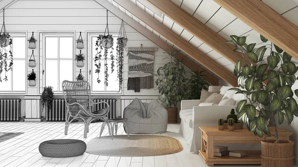 Architect interior designer concept: hand-drawn draft unfinished project that becomes real, farmhouse mezzanine living room in boho style. Sofa and rattan armchair, wooden side table