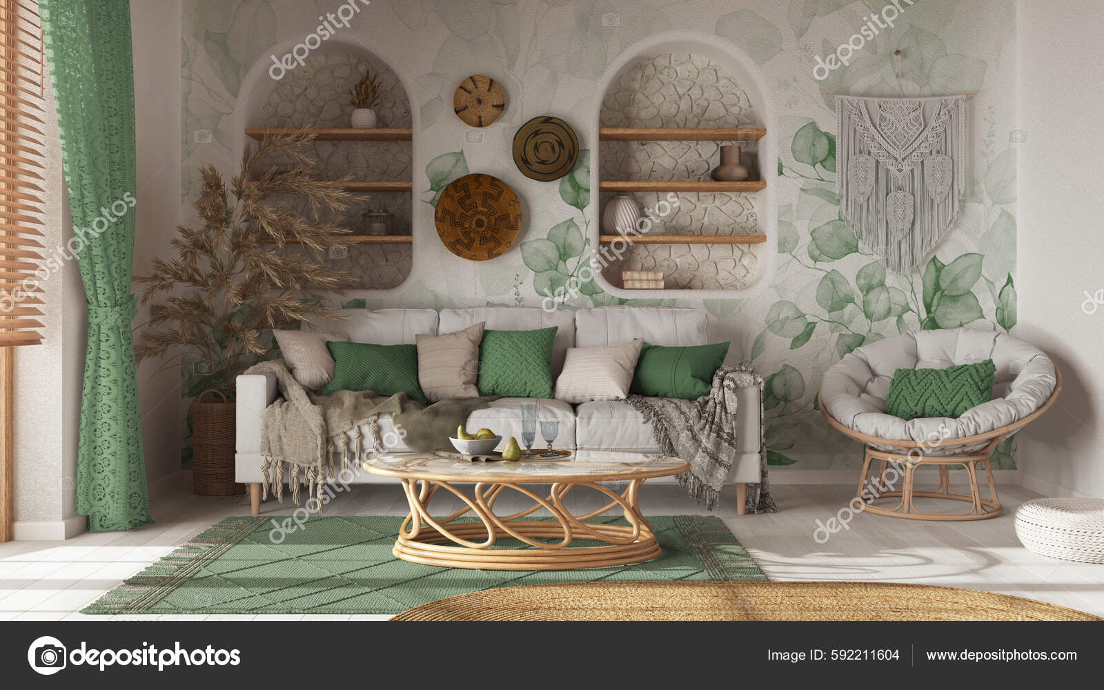 Sala Estar Estilo Boho Com Papel Parede Parquet Sofá Tapete — Foto