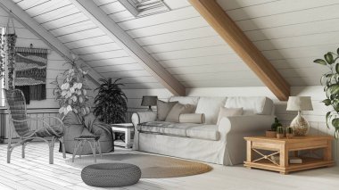 Mimari iç mimar konsepti: elle çizilmiş tamamlanmamış bir proje, boho tarzında asma katlı bir oturma odası. Kanepe ve rattan koltuk, ahşap yan masa