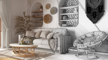 Mimari iç mimar konsepti: elle çizilmiş tamamlanmamış proje, duvar kağıdı ve parke ile boho tarzı oturma odası. Bohem havası.