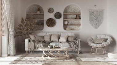 Duvar kağıdı ve parke ile boho tarzı oturma odası. Koltuk, jüt halı ve rattan koltuk. Bohem beyazlatılmış ahşap iç tasarım