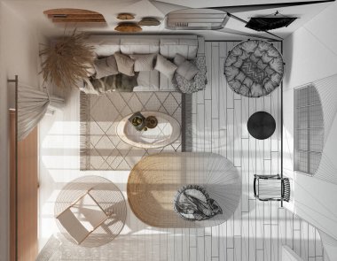 Mimari iç mimar konsepti: elle çizilmiş tamamlanmamış bir proje, duvar kağıdı ve parke ile bohem oturma odası haline geliyor. Boho tarzı, üst görünüm, plan, yukarıda