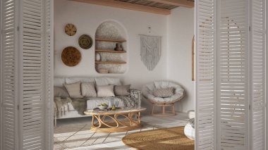 Beyaz katlanır kapı kırsal bohem oturma odasında ahşap mobilyalar, jüt halı ve kumaş kanepe, boho iç tasarım, mimar tasarımcı konsepti ile açılıyor.