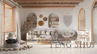 Bohem oturma odasının üzerinde bohem tarzında çakıl taşı dengesi olan beyaz masa rafı. Parke ve baston tavan, zen konsepti iç tasarım