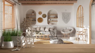 Ahşap masa, masa ya da rafta saksı bitkisi, ev anahtarları ve 3D harfler var. Evim güzel evim, bohem beyaz oturma odam bohem tarzı, iç tasarım, kopyalama alanı arka planı.