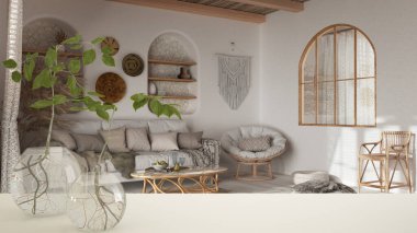 Beyaz masa üstü ya da rafta cam vazo ile hidrofonik bitki, süs, bitki kökü, vazo, ev bitkisi, arka planda boho oturma odası, iç tasarım.