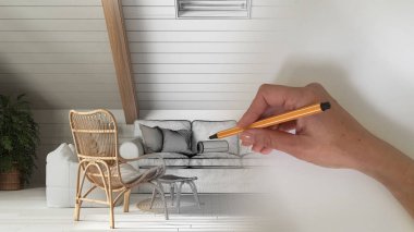 Mimari iç mimar konsepti: alan gerçek olurken el tasarımı iç tasarım projesi, bohem ahşap oturma odası ve kanepe ile bohem tarzı oturma odası