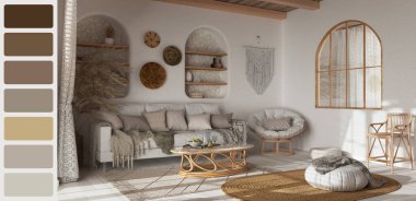 Palet renginde iç dizayn sahnesi. Farklı renkler ve desenler. Mimar ve tasarımcı fikri. Bohem ahşap oturma odası.