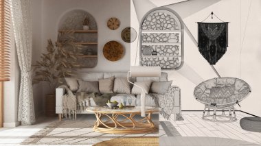 Boya patencisi iç tasarım tasarım tasarımı çizimi arka plan. Bu arada alan gerçek bir oturma odası haline geliyor. Önce ve sonra, mimar tasarımcı yaratıcı iş akışı