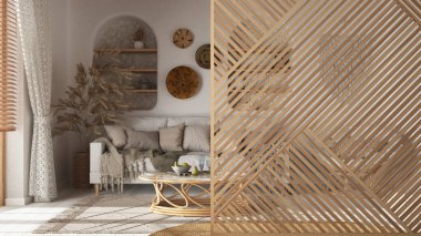 Tahta panel yakın plan, bohem ahşap oturma odası Boho tarzı. Kumaş beyaz kanepe ve rattan mobilya. Akdeniz çiftlik evi iç tasarım fikri