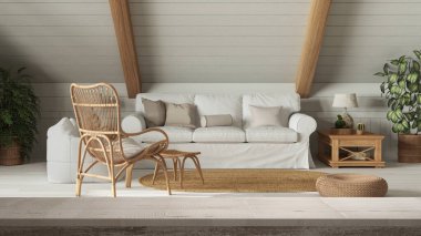 Wooden vintage table top or shelf closeup, zen mood, over country living room with sofa and rattan furniture, boho chic architecture interior design