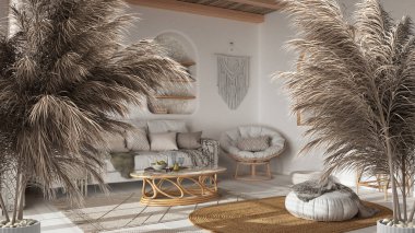 Çakıl taşları, kuru bitkiler, süs, kulaklar, parke, bohem oturma odasının üzerine vazo şeklinde dallar. Koltuk ve rattan mobilyalar, iç tasarım.