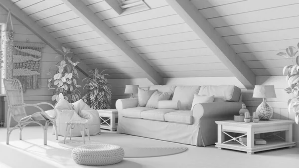 Total White Project Draft Country Mezzanine Living Room Boho Style — Φωτογραφία Αρχείου