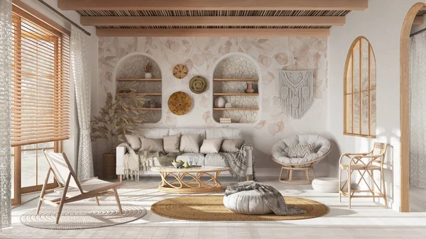 Bohemian Wooden Living Room Wallpaper Parquet Cane Ceiling Sofa Jute — Stock Photo, Image