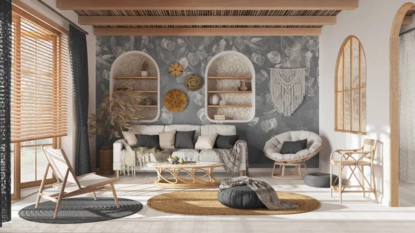 Bohemian wooden living room with wallpaper, parquet and cane ceiling. Sofa, jute carpet and rattan armchairs in white and gray tones. Boho style interior design