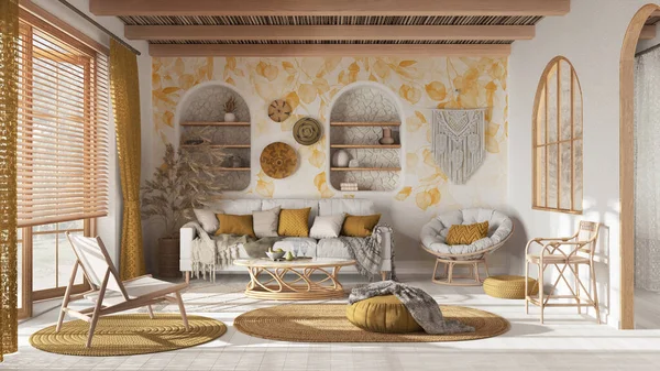 Bohemian wooden living room with wallpaper, parquet and cane ceiling. Sofa, jute carpet and rattan armchairs in white and yellow tones. Boho style interior design