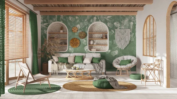 Bohemian wooden living room with wallpaper, parquet and cane ceiling. Sofa, jute carpet and rattan armchairs in white and green tones. Boho style interior design