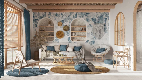 Bohemian Wooden Living Room Wallpaper Parquet Cane Ceiling Sofa Jute — Stock fotografie