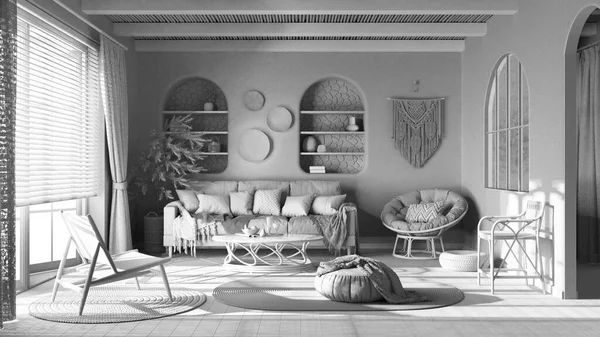 Celkový Návrh Bílého Projektu Bohémský Dřevěný Obývací Pokoj Parkety Třtinovým — Stock fotografie