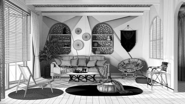 Blueprint Unfinished Project Draft Bohemian Wooden Living Room Parquet Cane — Stok fotoğraf