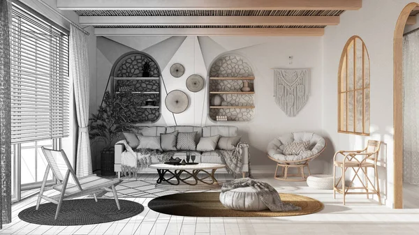 Architect interior designer concept: hand-drawn draft unfinished project that becomes real, bohemian wooden living room with parquet and cane ceiling. Boho style