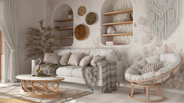 Wooden Living Room Boho Style Wallpaper Parquet Sofa Jute Carpet — Stock fotografie