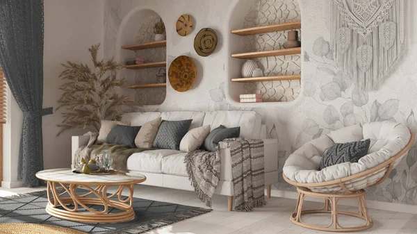 Wooden Living Room Boho Style Wallpaper Parquet Sofa Jute Carpet — Stock fotografie