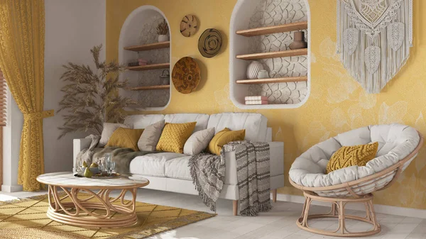 Wooden Living Room Boho Style Wallpaper Parquet Sofa Jute Carpet — Stockfoto