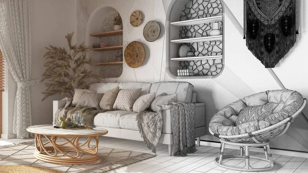 Architect interior designer concept: hand-drawn draft unfinished project that becomes real, living room in boho style with wallpaper and parquet. Bohemian mood