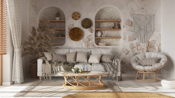 Living room in boho style with wallpaper and parquet. Sofa, jute carpet and rattan armchair in white and beige tones. Bohemian wooden interior design