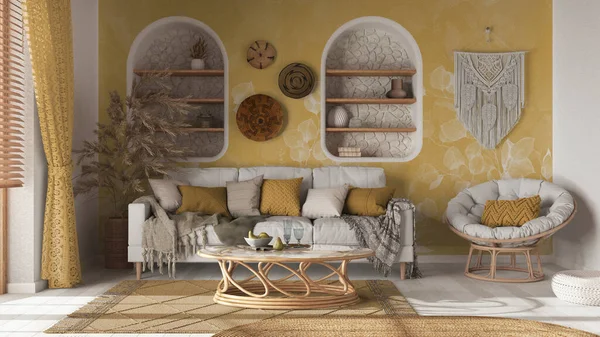 Living room in boho style with wallpaper and parquet. Sofa, jute carpet and rattan armchair in white and yellow tones. Bohemian wooden interior design