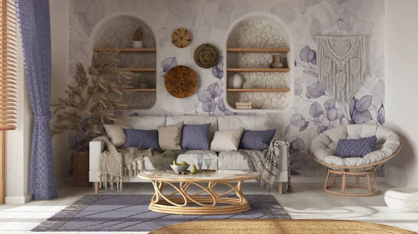 Living room in boho style with wallpaper and parquet. Sofa, jute carpet and rattan armchair in white and purple tones. Bohemian wooden interior design