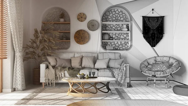 Architect interior designer concept: hand-drawn draft unfinished project that becomes real, living room in boho style with wallpaper and parquet. Bohemian