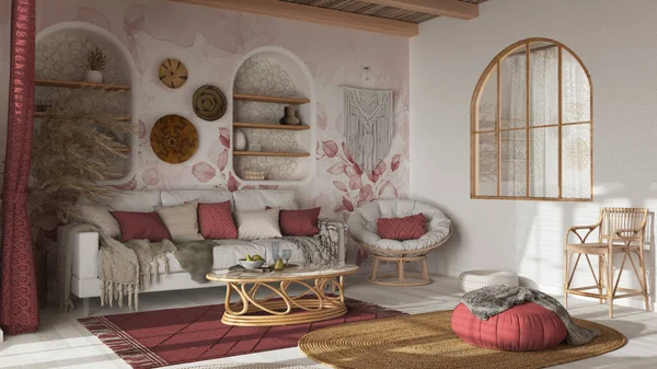 Czeski Drewniany Salon Kolorach Białym Czerwonym Tapety Parkiet Sufit Trzciny — Zdjęcie stockowe