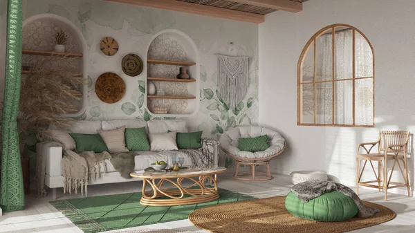 Bohemian wooden living room in white and green tones, wallpaper, parquet and cane ceiling. Sofa, jute carpet and rattan armchair. Boho style interior design
