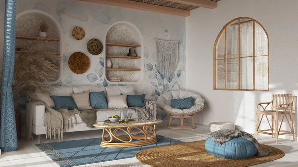 Bohemian Wooden Living Room White Blue Tones Wallpaper Parquet Cane — Fotografia de Stock