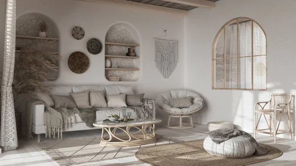 Bohemian bleached wooden living room, wallpaper, parquet and cane ceiling. Sofa, jute carpet and rattan armchair. Boho style interior design