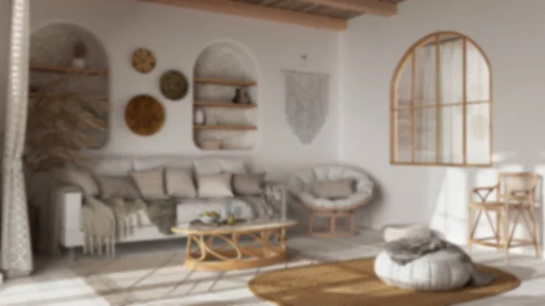 Blurred Background Bohemian Wooden Living Room Wallpaper Parquet Cane Ceiling — Fotografia de Stock