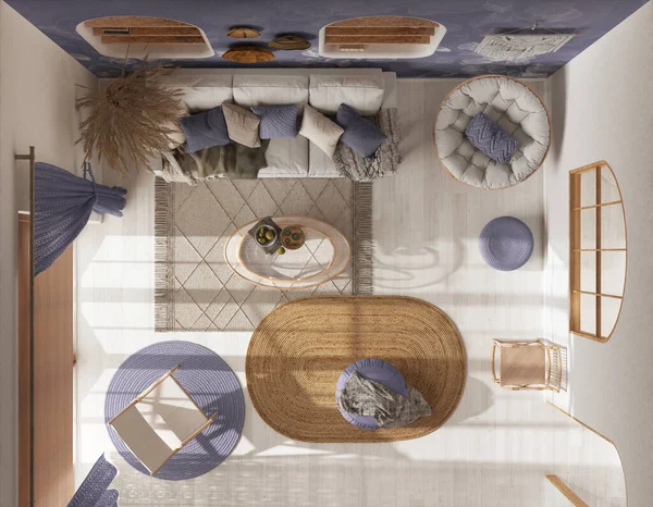Bohemian Wooden Living Room White Purple Tones Wallpaper Parquet Sofa — Fotografia de Stock