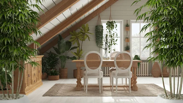 Zen interior with potted bamboo plant, natural interior design concept, country dining room with rattan potted plants, sideboard and table. Boho architecture