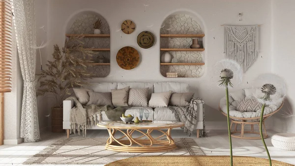 Fluffy Airy Dandelion Blowing Seeds Spores Bohemian Wooden Living Room — Photo