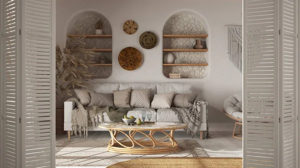 Beyaz katlanır kapı kırsal bohem oturma odasında ahşap mobilyalar, jüt halı ve kumaş kanepe, boho iç tasarım, mimar tasarımcı konsepti ile açılıyor.