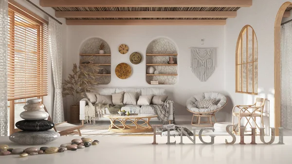 Bohem oturma odasının üzerinde bohem tarzında çakıl taşı dengesi olan beyaz masa rafı. Parke ve baston tavan, zen konsepti iç tasarım
