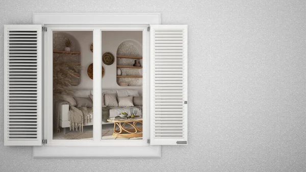 Exterior Plaster Wall White Window Shutters Showing Bohemian Living Room — 스톡 사진