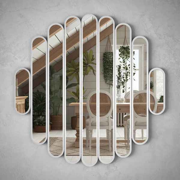 Round mirrors hanging on the wall reflecting interior design scene, bohemian wooden dining room in boho style, table with chairs, mezzanine, modern architecture concept idea