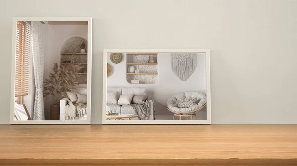 Minimalist Mirrors Wooden Table Desk Shelf Reflecting Interior Design Scene —  Fotos de Stock