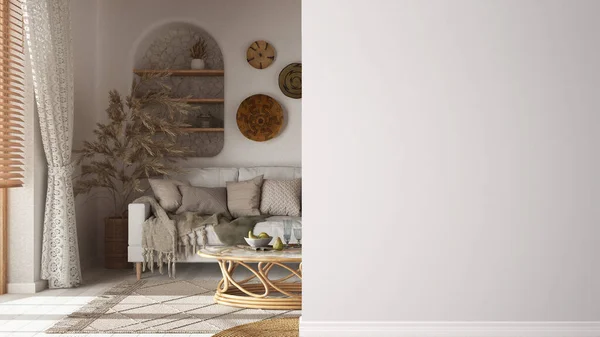 Bohemian Wooden Bedroom Boho Style Sofa Foreground Wall Interior Design — Foto de Stock